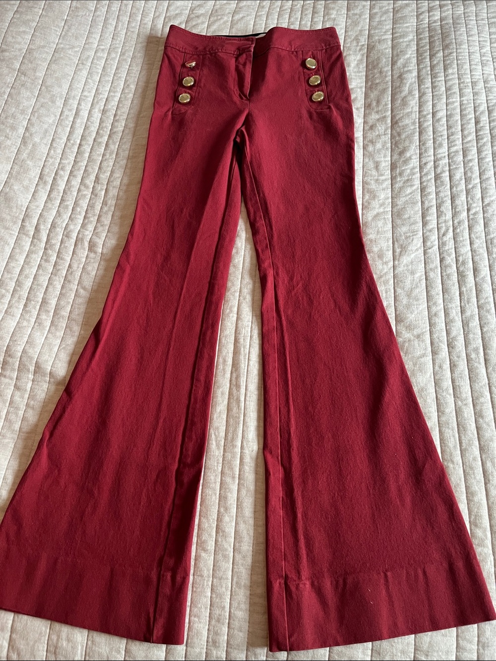 10 Crosby Derek Lam Flared Jeans in Bordeaux with Gold Buttons